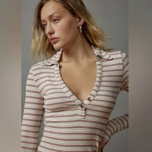 BDG Taylor Polo Top Ivory Red & Gray Striped Long Sleeve Shirt Size XL